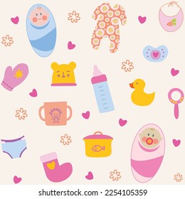 Colourful baby items seamless pattern on beige background. For textile, packaging, DIY projects.
