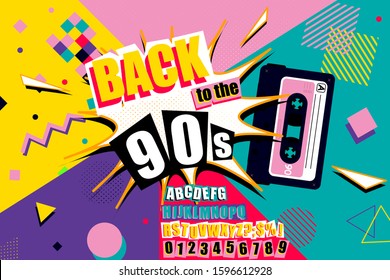 Colourful back to the 90s poster design with burst effect, old audio cassette tape, alphabet and numbers on a vivid geometric background, vector illustration