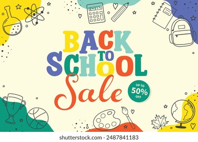 Colourful Back to School Sale background with hand drawn icons. Vector illustration