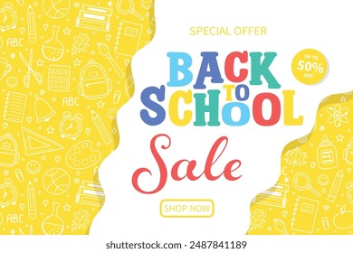 Colourful Back to School Sale background with hand drawn icons. Vector illustration