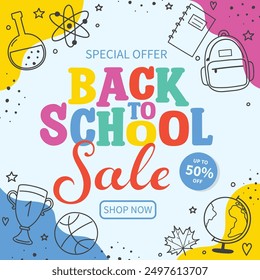 Colourful Back to School Sale background with cartoon icons. Vector illustration