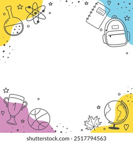 Colourful Back to School Sale background with cartoon icons. Vector illustration