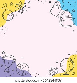 Colourful Back to School Sale background with cartoon icons. Vector illustration