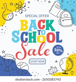 Colourful Back to School Sale background with cartoon icons. Vector illustration