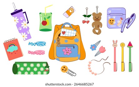 A colourful Back to School Set featuring cute cartoon school supplies, stationery and playful design elements. Ideal for children, promotions and educational campaigns.