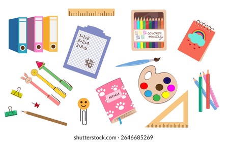 A colourful Back to School Set featuring cute cartoon school supplies, stationery and playful design elements. Ideal for children, promotions and educational campaigns.