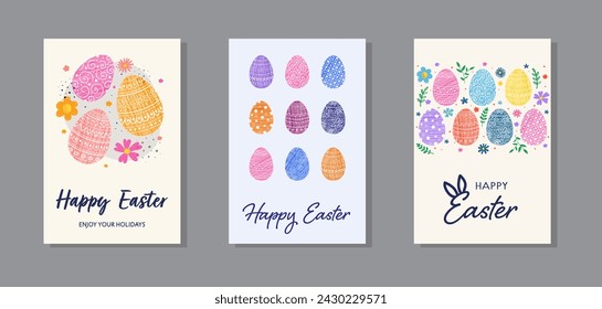 Colourful background with Easter eggs and flowers. A set of a greeting card. Background design. Vector illustration