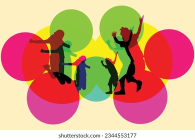 Colourful Background Kids Jumping and Running Silhouete Vector Illustration Art