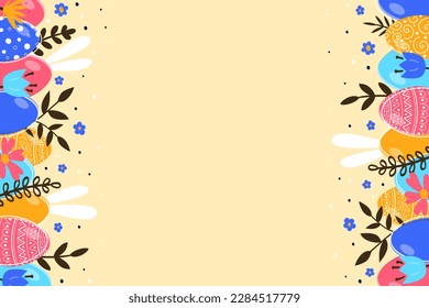 Colourful background with painted eggs, bunnies and flowers. Minimalist Easter design.  Vector illustration