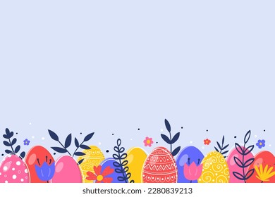 Colourful background with painted eggs and flowers. Minimalist Easter design.  Vector illustration