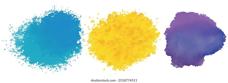 Colourful background watercolor splash splatter stain brush stroke. Aquarelle rainbow design element. Set of watercolor circles multicolored. Color splashing hand drawn painting. Colorful dust explode