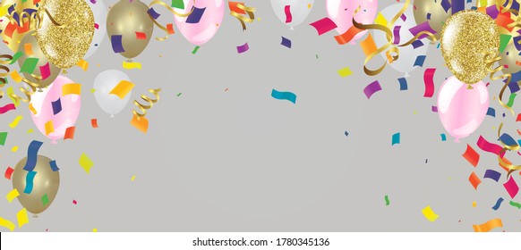 Colourful balloons and confetti from party popper on white background. Vector illustration