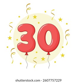 Colourful balloons numbers with confetti. Thirty years old birthday party vector illustration.