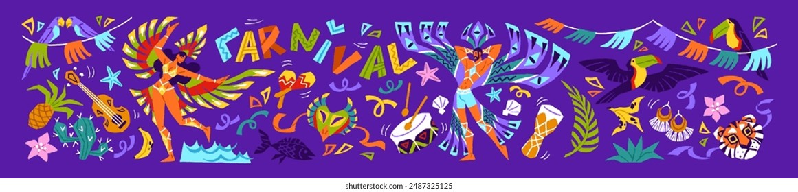 Colourful banner of Brazil carnival. Bright horizontal poster of Brasil party. Brazilians celebrate of Latin festival, people dance to music. Tropical leaves, exotic toucans. Flat vector illustration