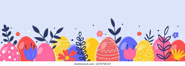 Colourful banner with Easter eggs and flowers. Cartoon style Easter design. Vector illustration