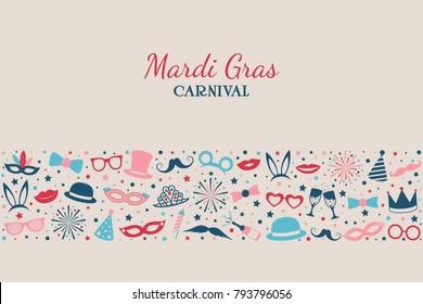 Colourful banner with funny masks for Mardi Gras Carnival. Vector.