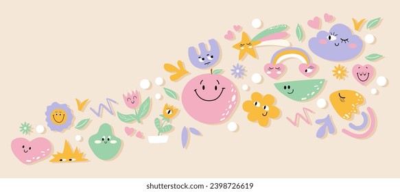 Colourful banner on beige background with abstract smiling elements. Trendy groovy hand drawn design.