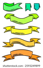 Colourful banner ribbons vector set. Advertising design, label collection, graphic badge, sale flag