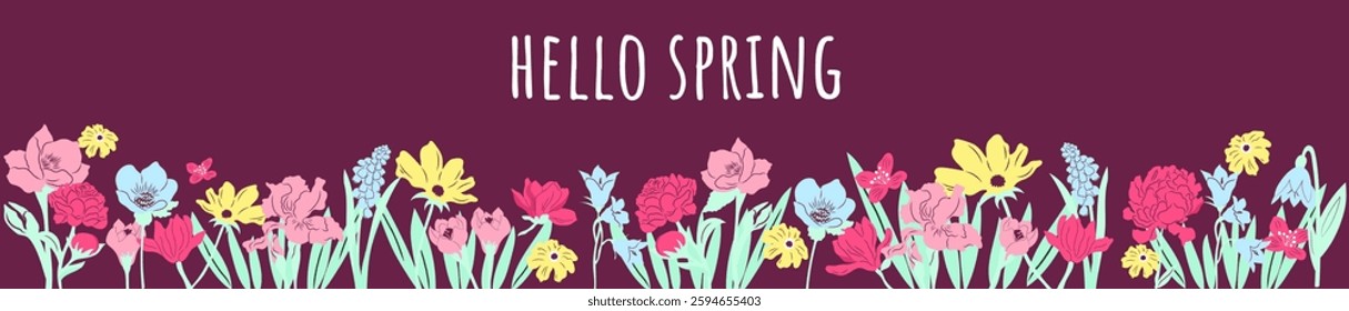 Colourful banner with spring flowers. Vector hand drawn template.