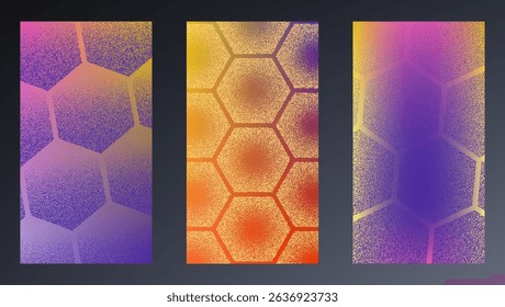 Colourful banners with hexagon pattern. Noise grain background, pointillism dots gradient or dotwork pattern, vector stipple effect. Grain noise halftone or grainy texture or dotwork grain noise.