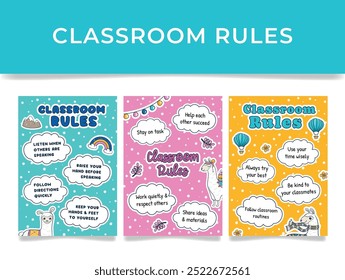 Colourful banners outlining basic classroom rules designed to encourage students to listen carefully, concentrate on task and respect each other s personal space while learning together.