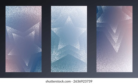 Colourful banners with star pattern. Noise grain background, pointillism dots gradient or dotwork pattern, vector stipple effect. Grain noise halftone or grainy texture or dotwork grain noise.