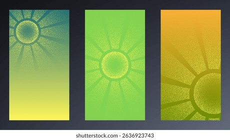 Colourful banners with sun symbol. Noise grain background, pointillism dots gradient or dotwork pattern, vector stipple effect. Grain noise halftone or grainy texture or dotwork grain noise.