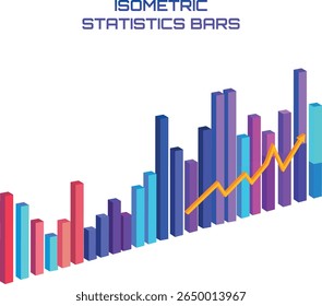 Colourful Bar graph isometric view. Business charts, data graphics, statistics diagram with yellow arrow. Analysis growth progress. Vector illustration for visualization of presentation, report