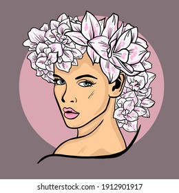 Colourful beautiful lady with the flowers on her head. Hand-drawn vector illustration.
