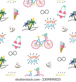 colourful Bicycle with text ,palm ,sunglasses item ,swimsuit ,ice cream.colourful summer season pattern.Colourful bicycle pattern design for fabric print ,Cover book ,fashion, kids.