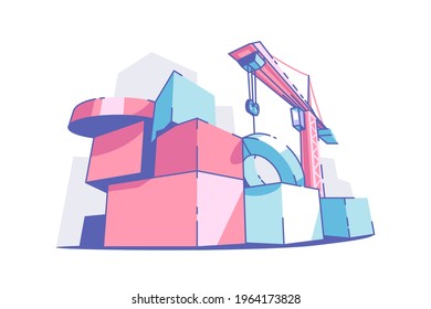 Colourful big building blocks vector illustration. Crane machine on site flat style. Construction site and renovation concept. Isolated on white background