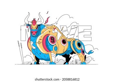 Colourful big bull vector illustration. Angry and wild animal made of metal flat style. Move text. Aggression and attack. Corrida and bullfight concept. Isolated on white background