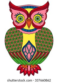 Colourful big serious owl, ornamental vector illustration with ethnic motifs isolated on a white background