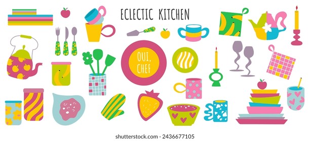 Colourful big set of eclectic kitchen tableware and decor. Vector illustration.