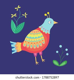 Colourful bird with flowers and folk ornaments and patterns. Decorative rustic floral elements on dark blue background. Vector. 
