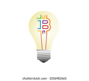 Colourful Bitcoin concept symbol inside a lamp representing cryptocurrency idea in  vector graphics