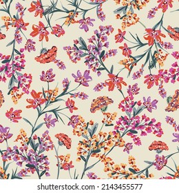 Colourful Blooming Hand drawn paint brused Wild flower ,Meadow floral Seamless pattern Vector illustration artistic style ,Design for fashion , fabric, textile, wallpaper, wrapping and all prints - Shutterstock ID 2143455577