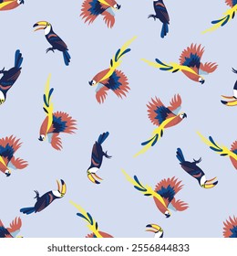 Colourful blue feathers parrots in flight on white background. Seamless vector pattern.