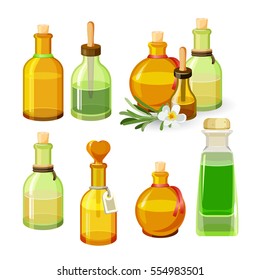 Colourful bottles with aroma oils isolated on white background. Vector illustration of glass flacons of round and elongated shapes with stoppers, long pipettes and labels, flower with leaves