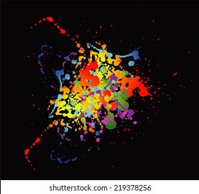 Colourful bright ink splat design with a black background