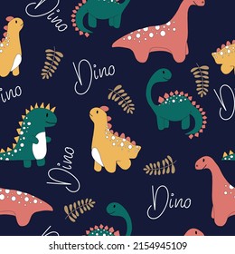 Colourful and bright seamless pattern with dinosaurs, leaves and lettering. Vector illustration.
