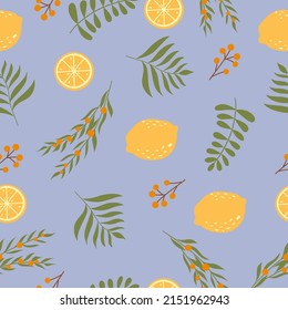 Colourful and bright seamless pattern with juicy lemons, leaves and berries. Vector illustration.