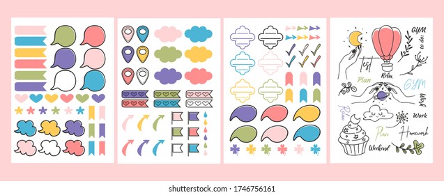 Colourful bright stickers and planner signs vector illustration. Blanks for kindergarten or personal use flat style. Template concept. Isolated on pink background