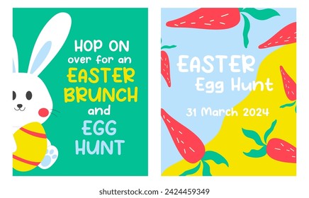 Colourful and bright template Easter invitation. Egg hunt design 2024. 