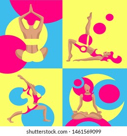 Colourful bright vector illustration. Women doing yoga exercises. Minimalistic shape design