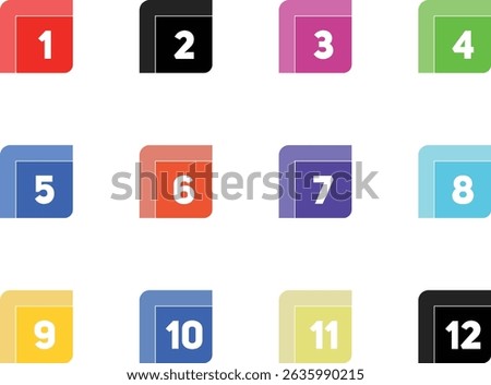 Colourful bullet number set from one to twelve in rectangular shape