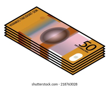 A colourful bundle of $50 bank note / paper / polymer money. In a simple icon style. Isometric projection.