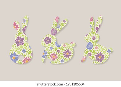 Colourful bunnies with flowers. Easter icons collection. Vector