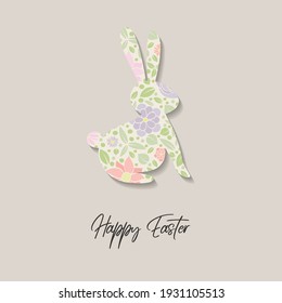 Colourful bunny with flowers. Easter greeting card. Vector