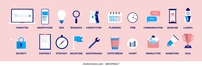 Colourful business icons and objects - Set of illustrations for managing and grow a business. Business management and strategy concept. Vector illustration.